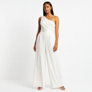 NWT David's Bridal One-Shoulder Crepe Wedding Jumpsuit with Bow Size 6 White